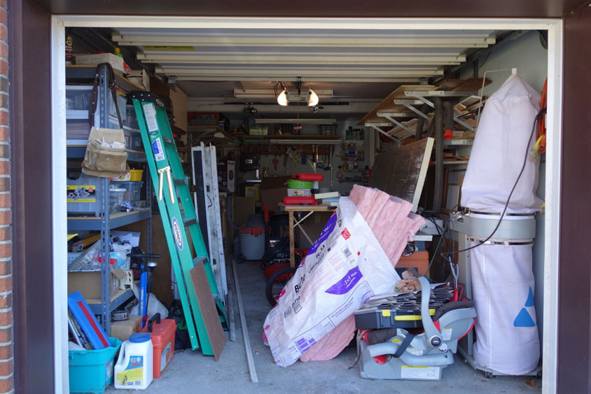 A cluttered garage.